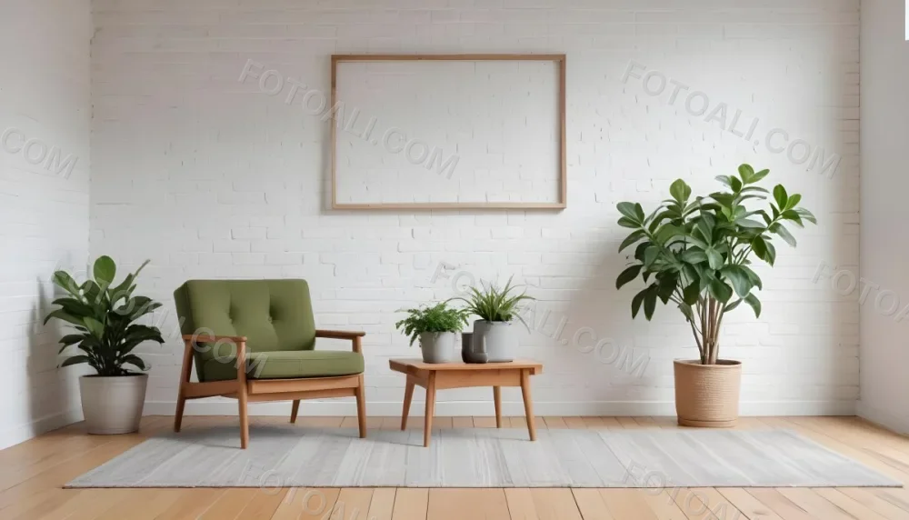 A Minimalist Interior Scene Featuring A White Brick Wall A Large Empty Wooden Frame Mounted On The Wall A Light Colored Wooden Floor A Cozy Green Armchair And A Small Green Plant In A Pot Beside The Chair A Soft Gray 7 Bd7d