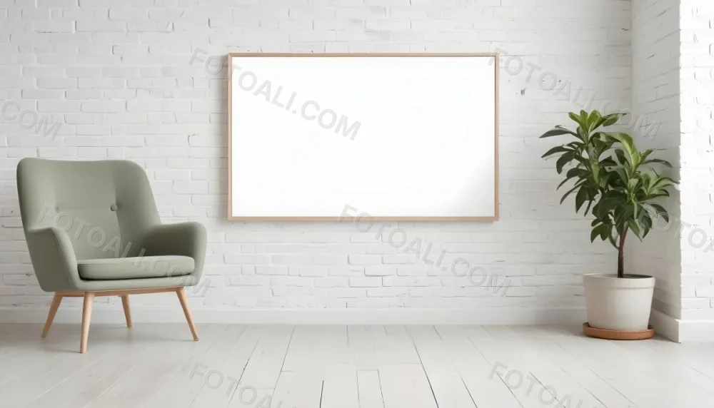 A Minimalist Interior Scene Featuring A White Brick Wall A Large Empty Wooden Frame Mounted On The Wall A Light Colored Wooden Floor A Cozy Green Armchair And A Small Green Plant In A Pot Beside The Chair A Soft Gray 9 E38f