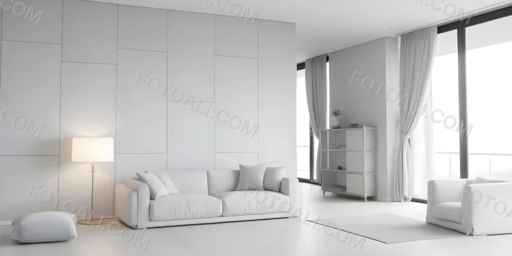 A Minimalist Interior Space Featuring A Gray Sofa With Cushions A Light Colored Wooden Floor And A Wall With A Panel Design There Is A Large Window With Sheer Curtains Allowing Natural Light To Enter And A Tall Cabi 13 5330