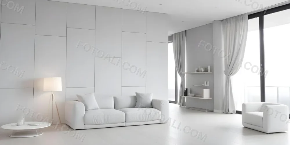 A Minimalist Interior Space Featuring A Gray Sofa With Cushions A Light Colored Wooden Floor And A Wall With A Panel Design There Is A Large Window With Sheer Curtains Allowing Natural Light To Enter And A Tall Cabi 36 10d6