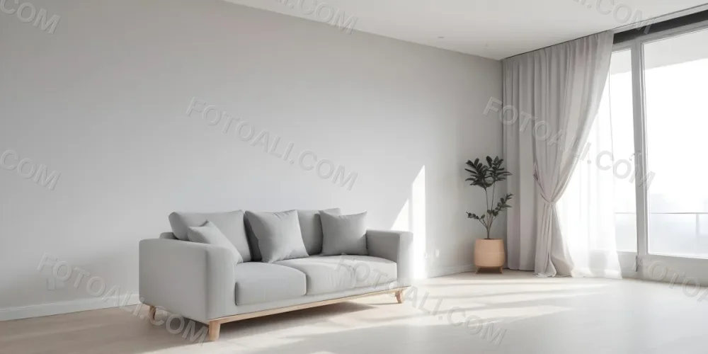 A Minimalist Interior Space Featuring A Gray Sofa With Cushions A Light Colored Wooden Floor And A Wall With A Panel Design There Is A Large Window With Sheer Curtains Allowing Natural Light To Enter And A Tall Cabi 46 72c5
