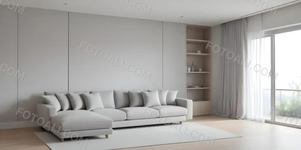 A Minimalist Interior Space Featuring A Gray Sofa With Cushions A Light Colored Wooden Floor And A Wall With A Panel Design There Is A Large Window With Sheer Curtains Allowing Natural Light To Enter And A Tall Cabi 55 Acc5