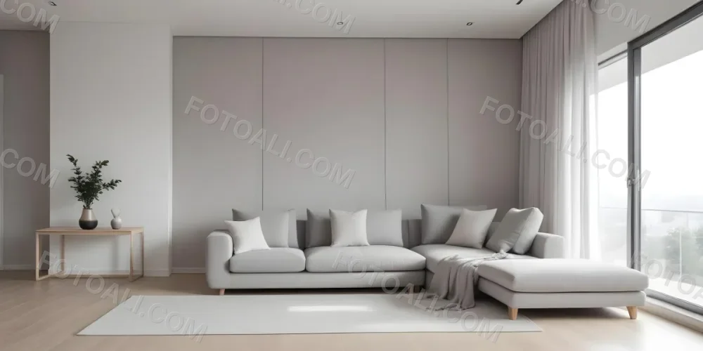 A Minimalist Interior Space Featuring A Gray Sofa With Cushions A Light Colored Wooden Floor And A Wall With A Panel Design There Is A Large Window With Sheer Curtains Allowing Natural Light To Enter And A Tall Cabi 61 7a56