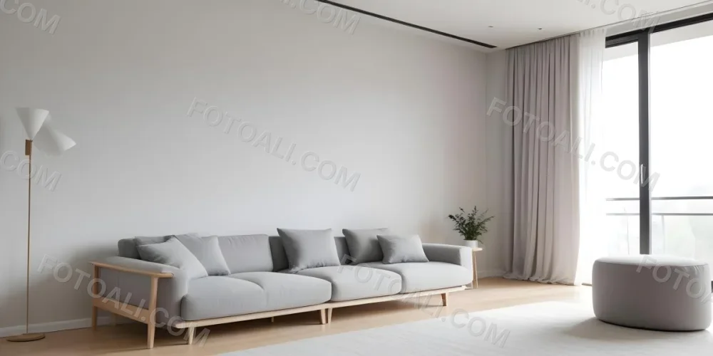 A Minimalist Interior Space Featuring A Gray Sofa With Cushions A Light Colored Wooden Floor And A Wall With A Panel Design There Is A Large Window With Sheer Curtains Allowing Natural Light To Enter And A Tall Cabi 64 Bb74