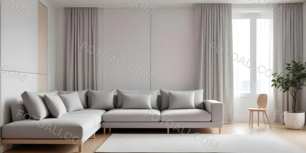 A Minimalist Interior Space Featuring A Gray Sofa With Cushions A Light Colored Wooden Floor And A Wall With A Panel Design There Is A Large Window With Sheer Curtains Allowing Natural Light To Enter And A Tall Cabi 65 9143