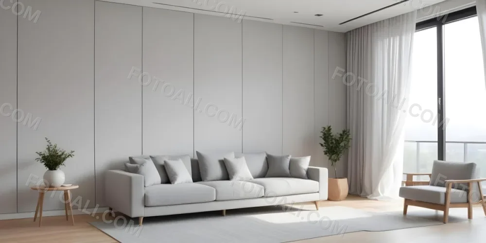 A Minimalist Interior Space Featuring A Gray Sofa With Cushions A Light Colored Wooden Floor And A Wall With A Panel Design There Is A Large Window With Sheer Curtains Allowing Natural Light To Enter And A Tall Cabi 67 A383