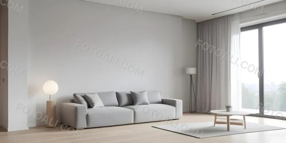 A Minimalist Interior Space Featuring A Gray Sofa With Cushions A Light Colored Wooden Floor And A Wall With A Panel Design There Is A Large Window With Sheer Curtains Allowing Natural Light To Enter And A Tall Cabi 68 4060