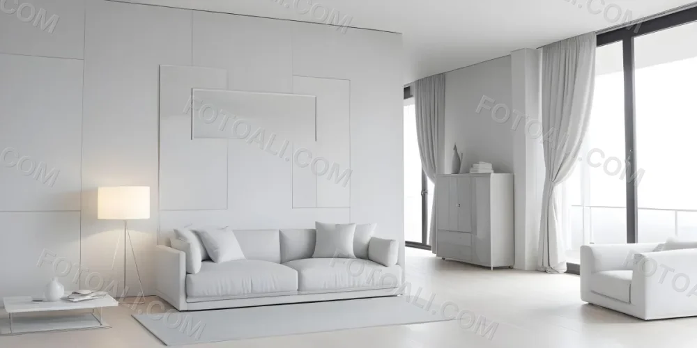 A Minimalist Interior Space Featuring A Gray Sofa With Cushions A Light Colored Wooden Floor And A Wall With A Panel Design There Is A Large Window With Sheer Curtains Allowing Natural Light To Enter And A Tall Cabi 7 Bb3b