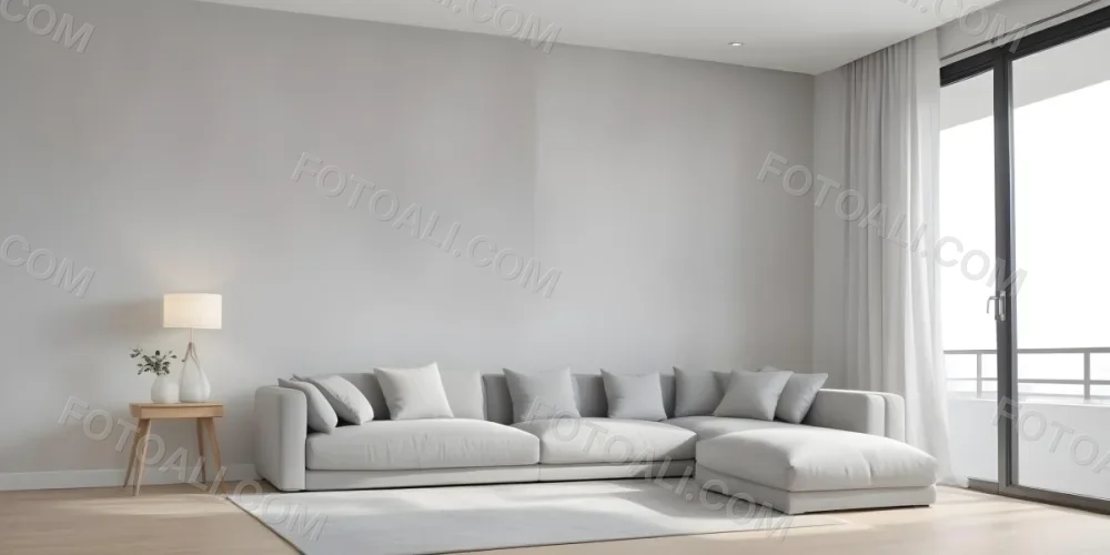 A Minimalist Interior Space Featuring A Gray Sofa With Cushions A Light Colored Wooden Floor And A Wall With A Panel Design There Is A Large Window With Sheer Curtains Allowing Natural Light To Enter And A Tall Cabi 8 C98f