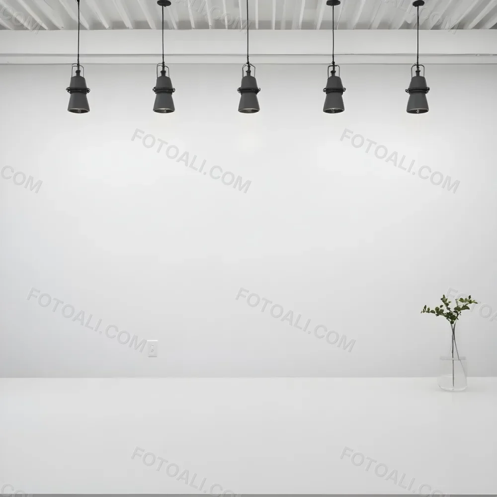 A Minimalist White Room With A High Ceiling And Hanging Pendant Lights 1 6633