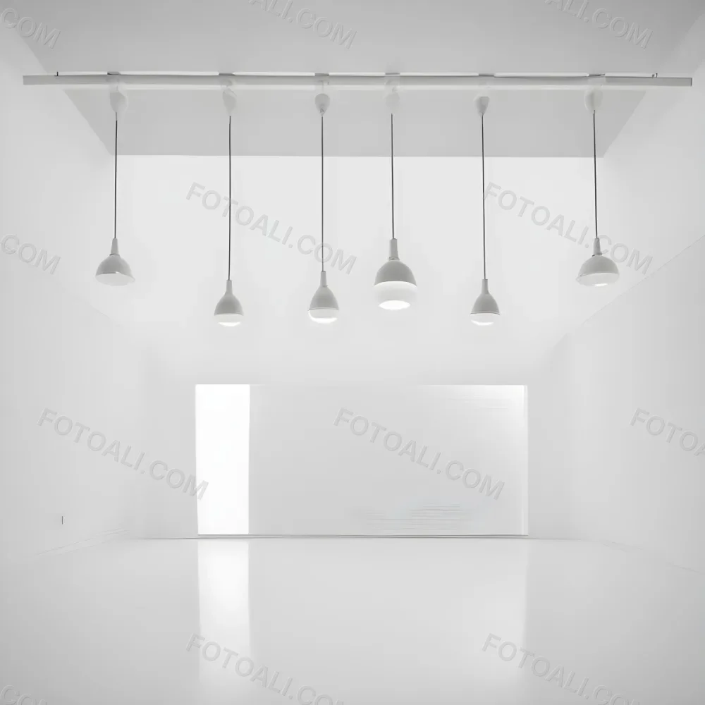 A Minimalist White Room With A High Ceiling And Hanging Pendant Lights 10 Ca23