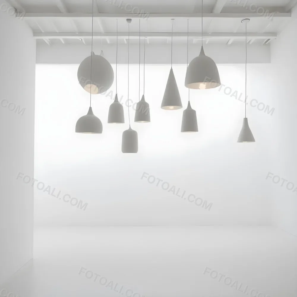 A Minimalist White Room With A High Ceiling And Hanging Pendant Lights 11 8ecc
