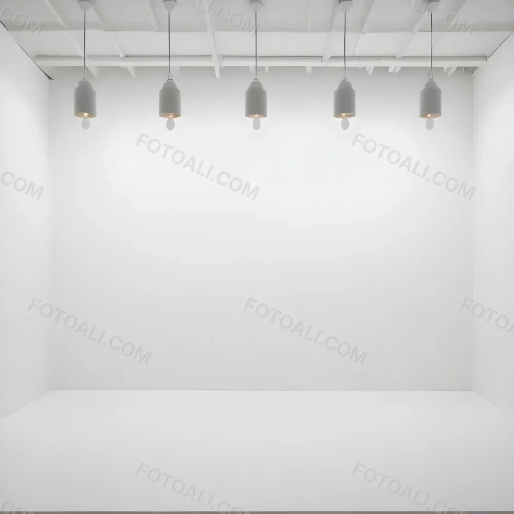 A Minimalist White Room With A High Ceiling And Hanging Pendant Lights 16 0019