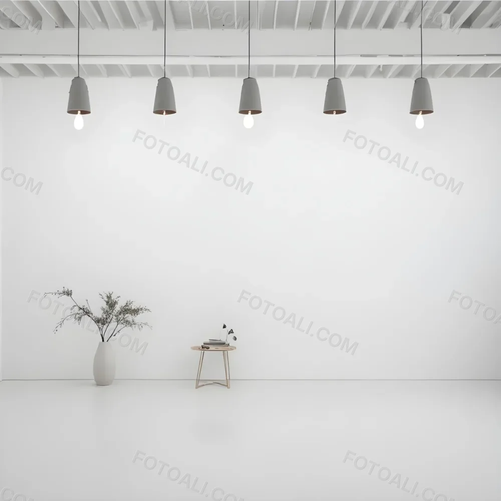 A Minimalist White Room With A High Ceiling And Hanging Pendant Lights 18 4da7