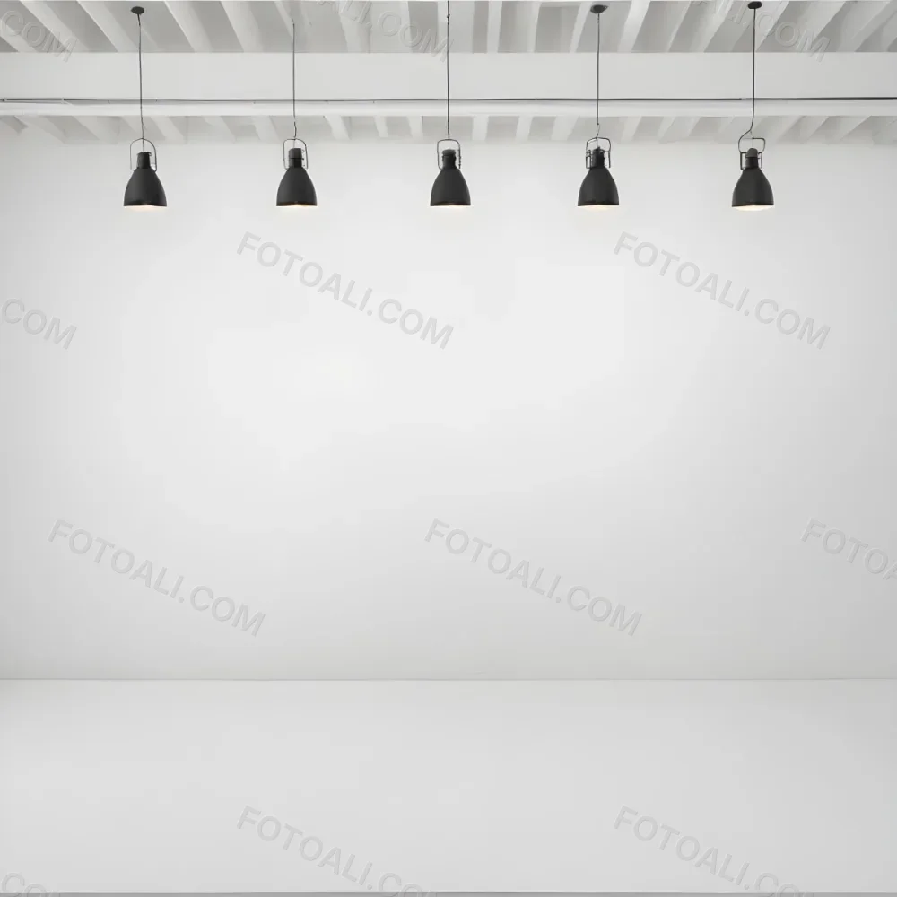 A Minimalist White Room With A High Ceiling And Hanging Pendant Lights 24 Ece9