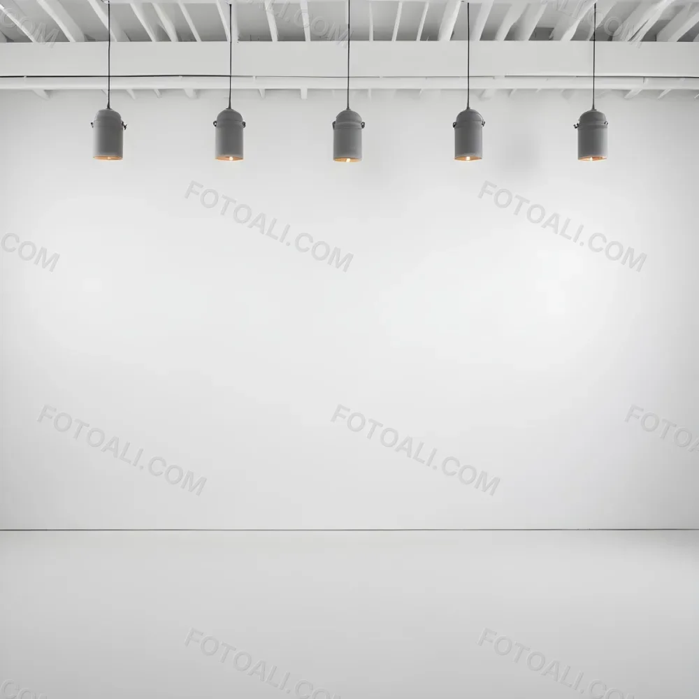 A Minimalist White Room With A High Ceiling And Hanging Pendant Lights 32 9a2f