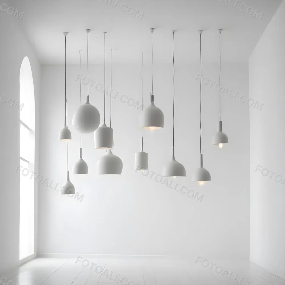 A Minimalist White Room With A High Ceiling And Hanging Pendant Lights 41 08a4