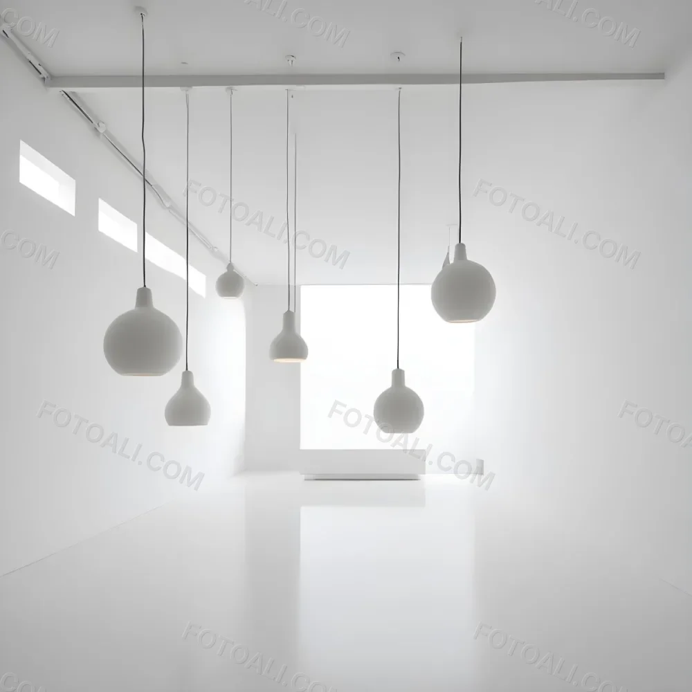 A Minimalist White Room With A High Ceiling And Hanging Pendant Lights 44 0af7