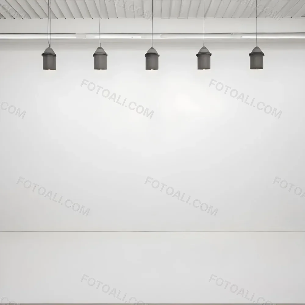 A Minimalist White Room With A High Ceiling And Hanging Pendant Lights 55 A3e1