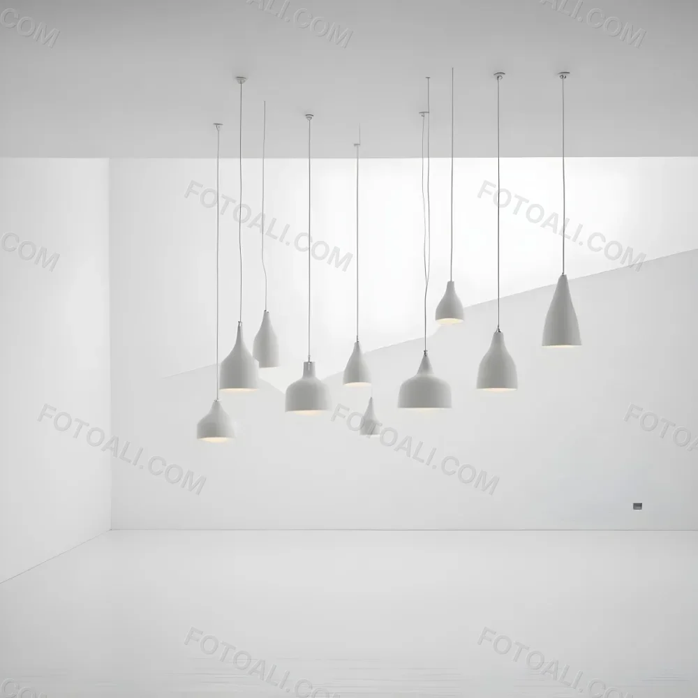 A Minimalist White Room With A High Ceiling And Hanging Pendant Lights 6 9481