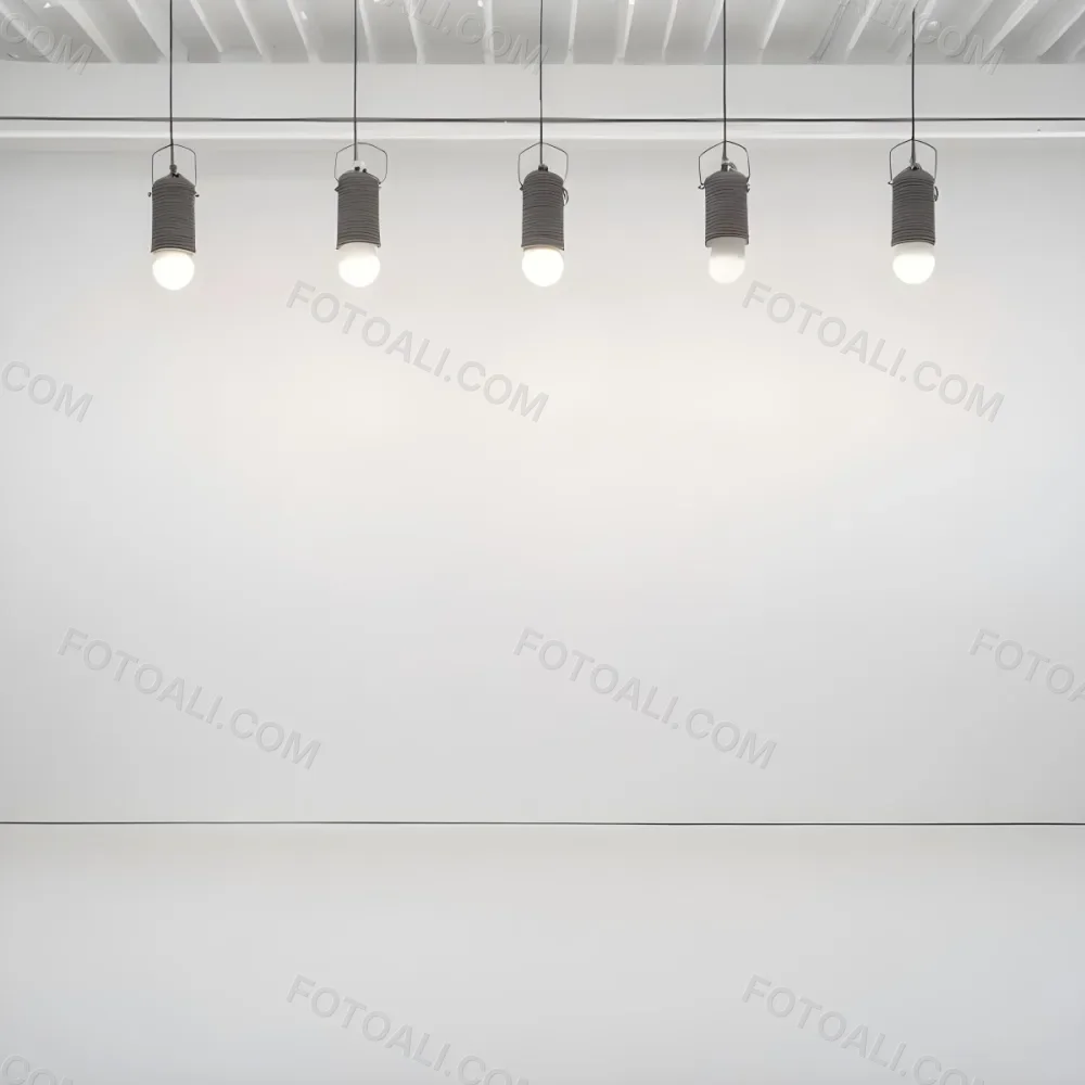 A Minimalist White Room With A High Ceiling And Hanging Pendant Lights 7 Abcb