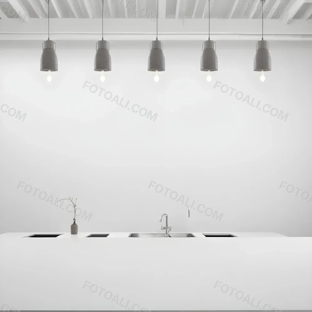 A Minimalist White Room With A High Ceiling And Hanging Pendant Lights 8 015c