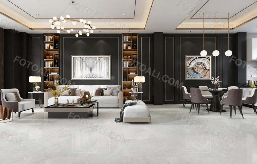 A Modern And Luxurious Living Room With A Large Tv Mounted On The Wall Surrounded By Built In Shelves And Cabinets The Room Features A Plush White Sofa A Glass Coffee Table And A Pair Of Dark Leath 1 B917