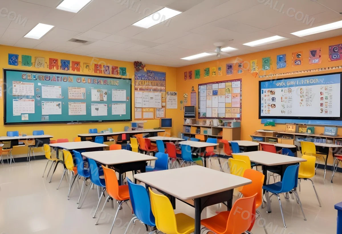A Modern Elementary School Classroom With Desks Chairs And A Large Tv Screen On The Wall The Room Has Colorful Decorations And Educational Posters On The Walls 2 5e6f