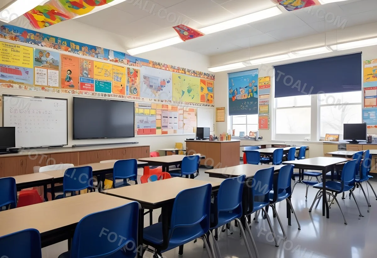 A Modern Elementary School Classroom With Desks Chairs And A Large Tv Screen On The Wall The Room Has Colorful Decorations And Educational Posters On The Walls 4 75cb