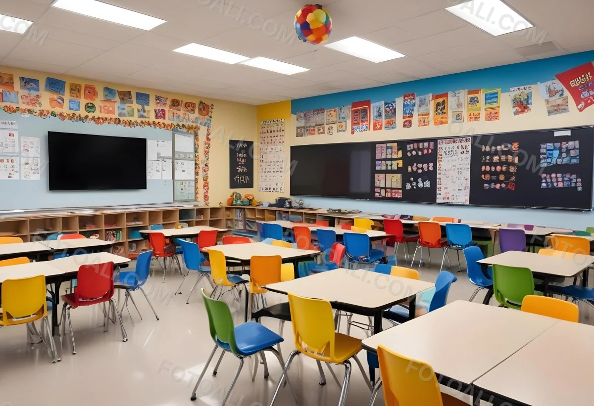 A Modern Elementary School Classroom With Desks Chairs And A Large Tv Screen On The Wall The Room Has Colorful Decorations And Educational Posters On The Walls 5 Dae8