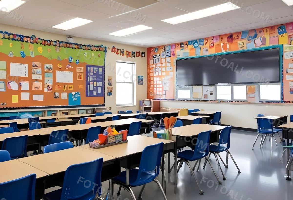 A Modern Elementary School Classroom With Desks Chairs And A Large Tv Screen On The Wall The Room Has Colorful Decorations And Educational Posters On The Walls 6 F682