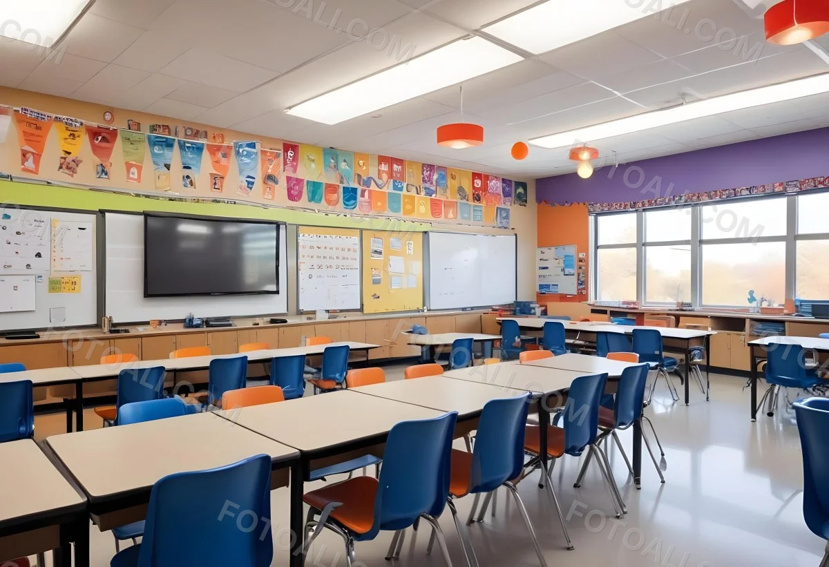 A Modern Elementary School Classroom With Desks Chairs And A Large Tv Screen On The Wall The Room Has Colorful Decorations And Educational Posters On The Walls 8 B191