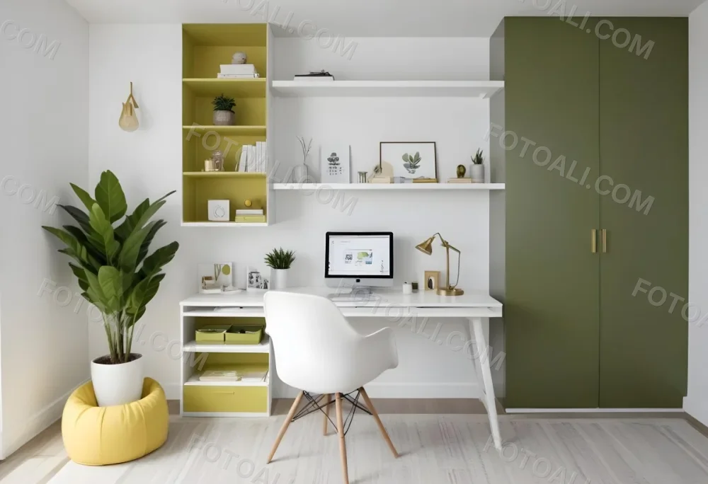 A Modern Home Office With A White Desk A White Chair And Shelving Units On The Wall The Color Scheme Is Mostly Neutral With Pops Of Yellow And Green Accents 1 0cac
