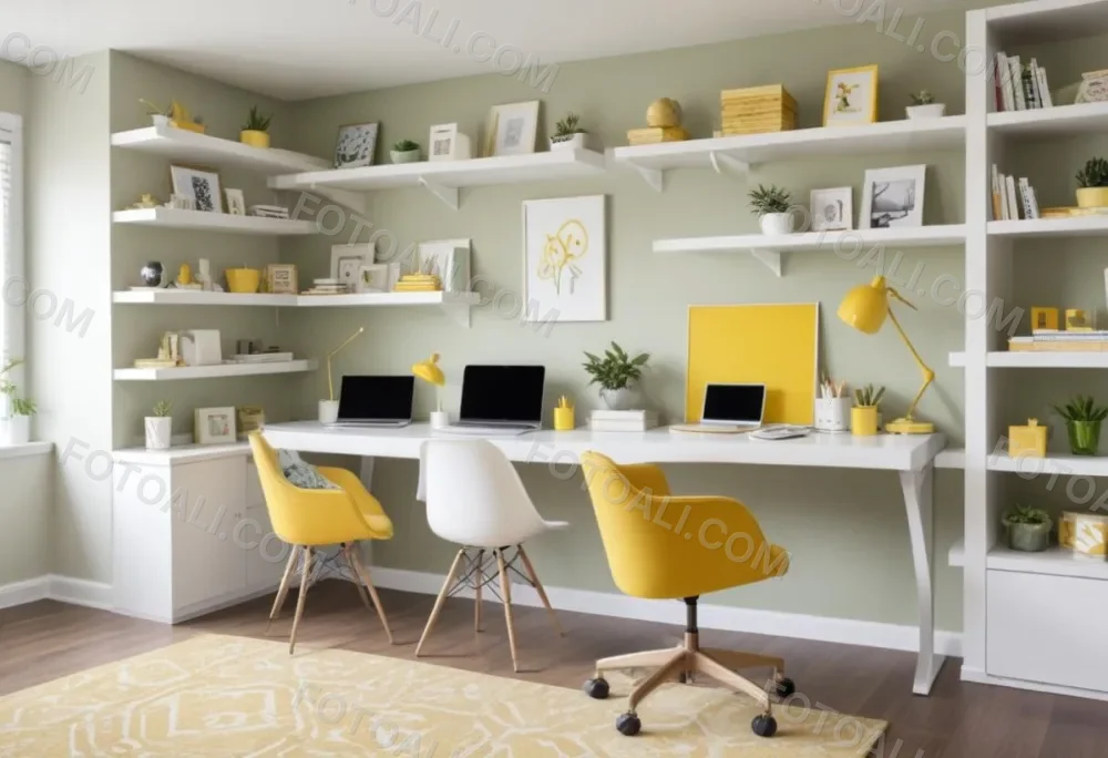 A Modern Home Office With A White Desk A White Chair And Shelving Units On The Wall The Color Scheme Is Mostly Neutral With Pops Of Yellow And Green Accents 1 C08b