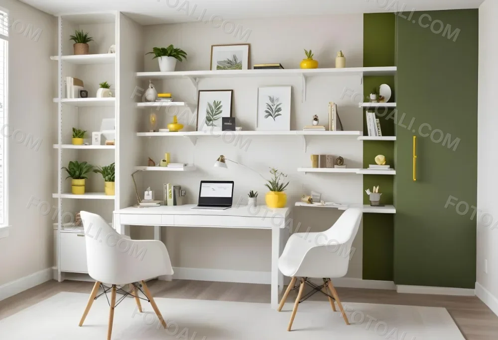 A Modern Home Office With A White Desk A White Chair And Shelving Units On The Wall The Color Scheme Is Mostly Neutral With Pops Of Yellow And Green Accents 10 770c