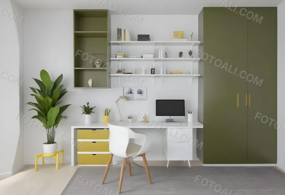 A Modern Home Office With A White Desk A White Chair And Shelving Units On The Wall The Color Scheme Is Mostly Neutral With Pops Of Yellow And Green Accents 3 4b73