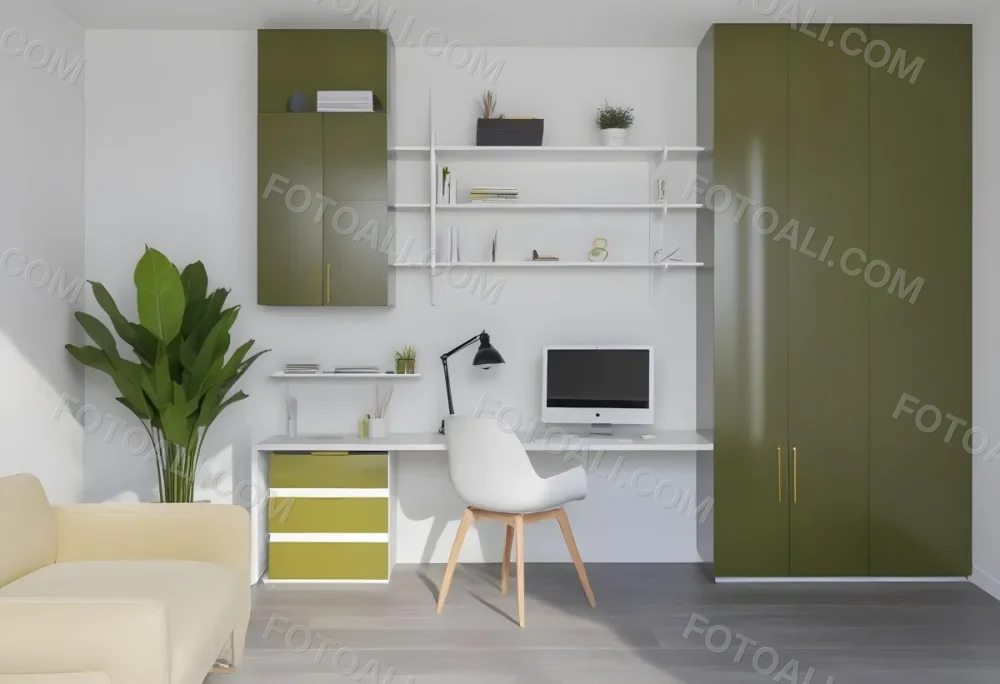 A Modern Home Office With A White Desk A White Chair And Shelving Units On The Wall The Color Scheme Is Mostly Neutral With Pops Of Yellow And Green Accents 4 F057
