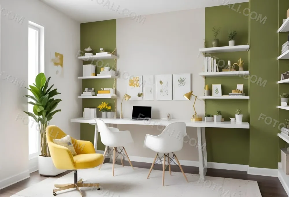 A Modern Home Office With A White Desk A White Chair And Shelving Units On The Wall The Color Scheme Is Mostly Neutral With Pops Of Yellow And Green Accents 6 4388