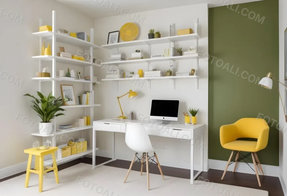 A Modern Home Office With A White Desk A White Chair And Shelving Units On The Wall The Color Scheme Is Mostly Neutral With Pops Of Yellow And Green Accents 8 498d