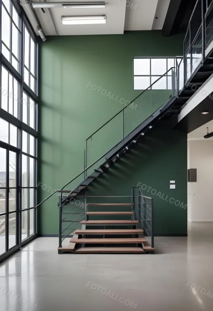A Modern Industrial Building Interior With A Staircase Large Windows And A Green Accent Wall 1 7ed9