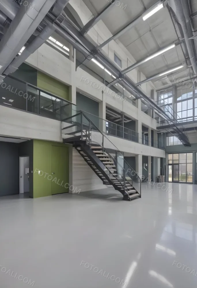A Modern Industrial Building Interior With A Staircase Large Windows And A Green Accent Wall 10 45e8
