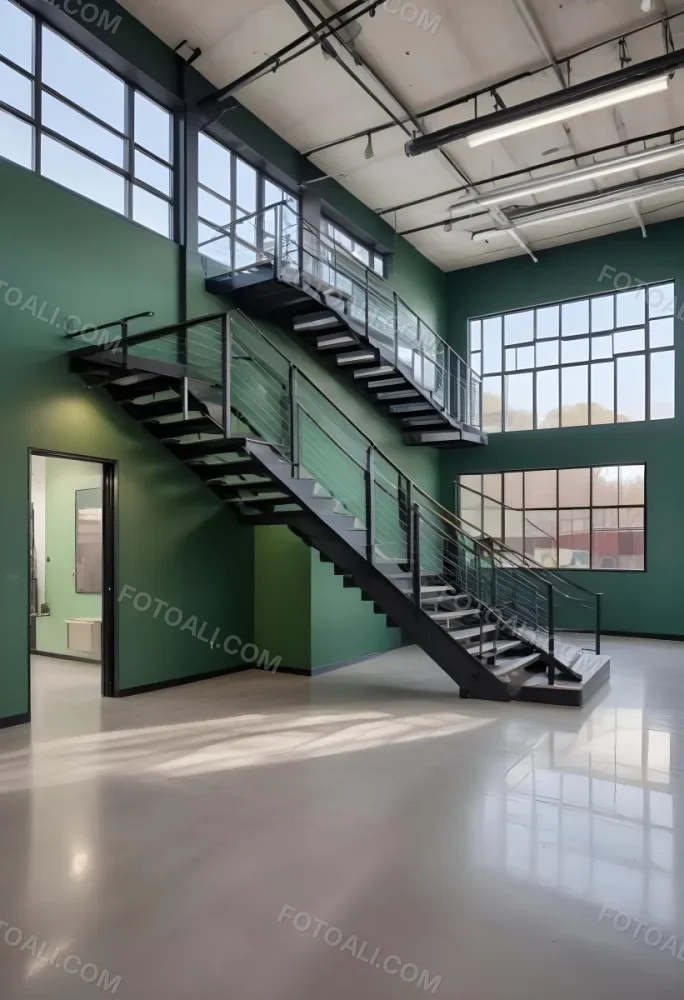 A Modern Industrial Building Interior With A Staircase Large Windows And A Green Accent Wall 11 192d