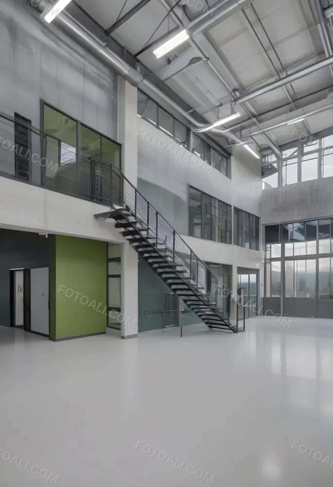 A Modern Industrial Building Interior With A Staircase Large Windows And A Green Accent Wall 12 A667