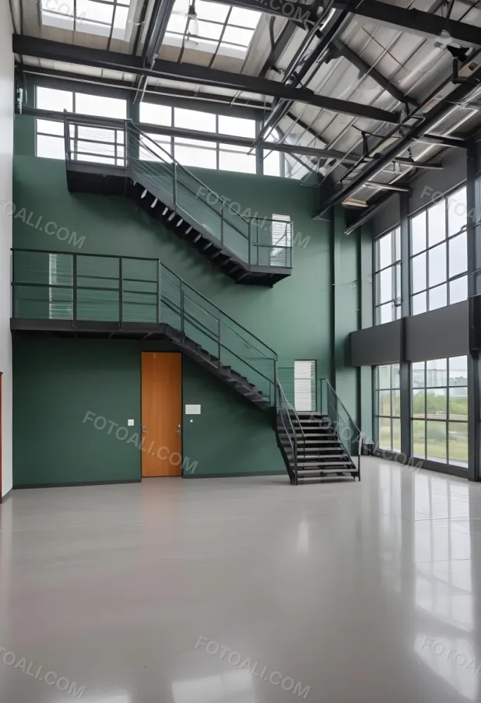 A Modern Industrial Building Interior With A Staircase Large Windows And A Green Accent Wall 2 123a