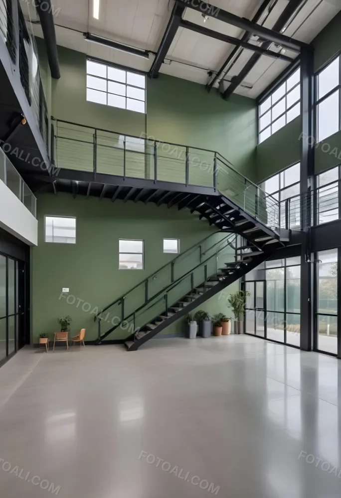 A Modern Industrial Building Interior With A Staircase Large Windows And A Green Accent Wall 4 4d4f