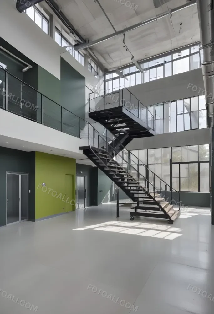 A Modern Industrial Building Interior With A Staircase Large Windows And A Green Accent Wall 5 0f3a