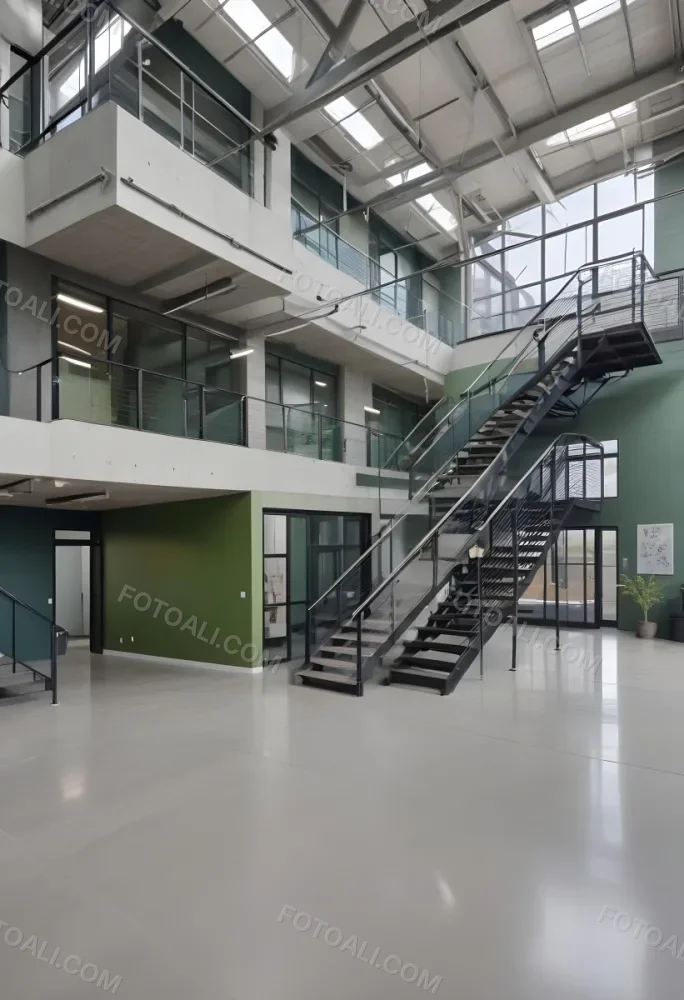 A Modern Industrial Building Interior With A Staircase Large Windows And A Green Accent Wall 6 Fc30