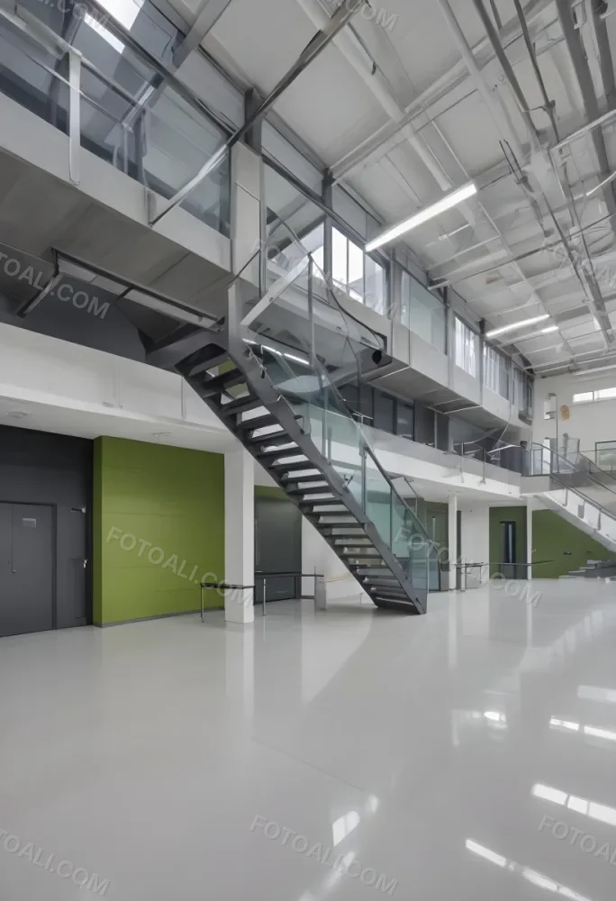 A Modern Industrial Building Interior With A Staircase Large Windows And A Green Accent Wall 7 2284