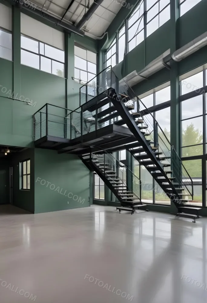 A Modern Industrial Building Interior With A Staircase Large Windows And A Green Accent Wall 8 61c4