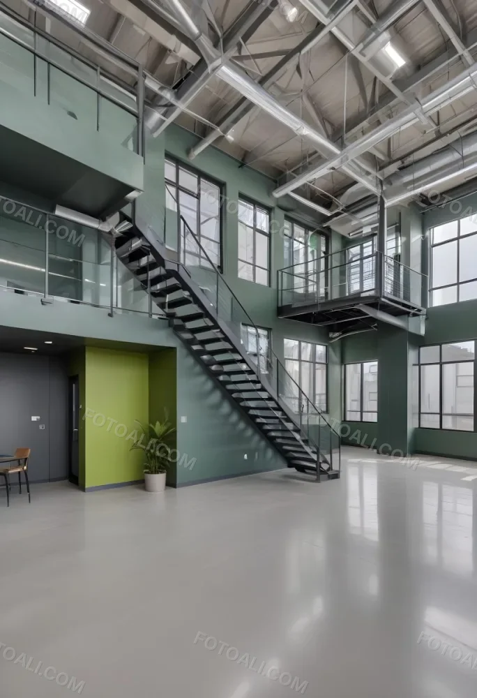 A Modern Industrial Building Interior With A Staircase Large Windows And A Green Accent Wall 9 62b0
